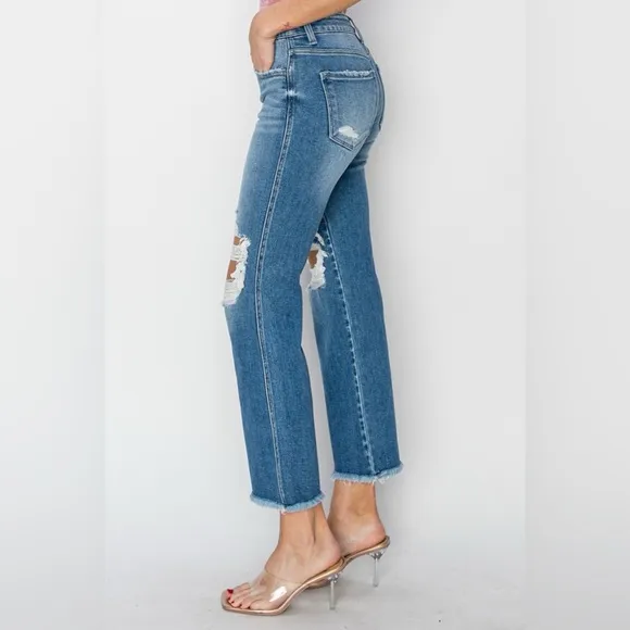 RISEN Mid Rise Distressed Cropped Flare Jeans