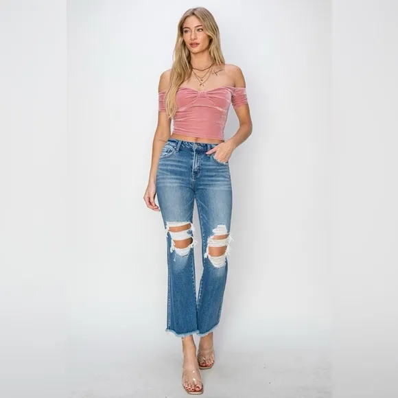 RISEN Mid Rise Distressed Cropped Flare Jeans