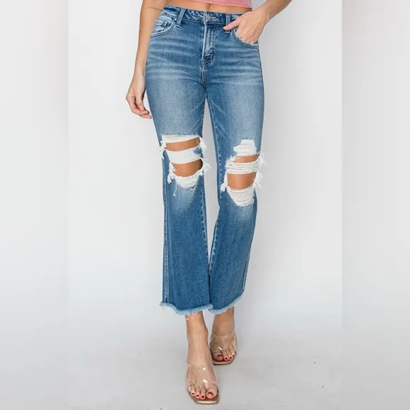 RISEN Mid Rise Distressed Cropped Flare Jeans