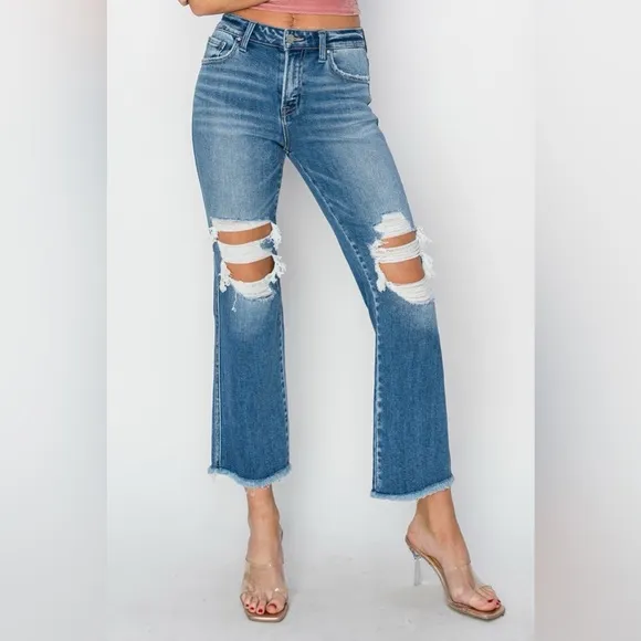 RISEN Mid Rise Distressed Cropped Flare Jeans