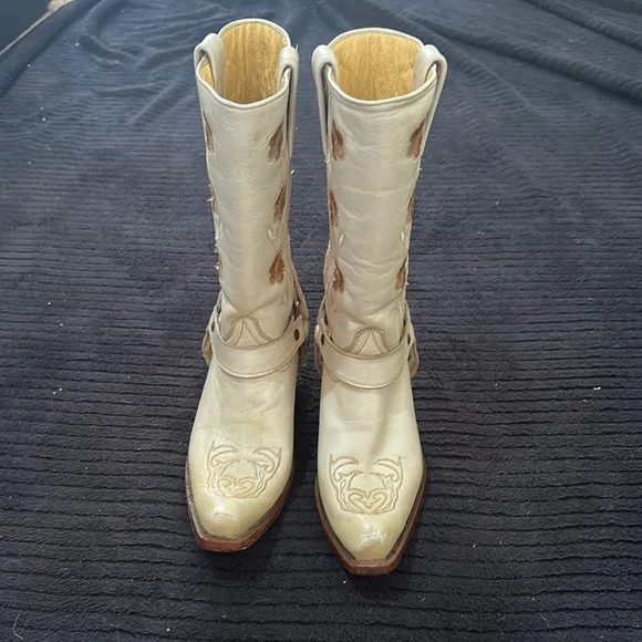 Rudel Embroidered Floral Cream Western Boots Size 6B Snip Toe 12” Preowned