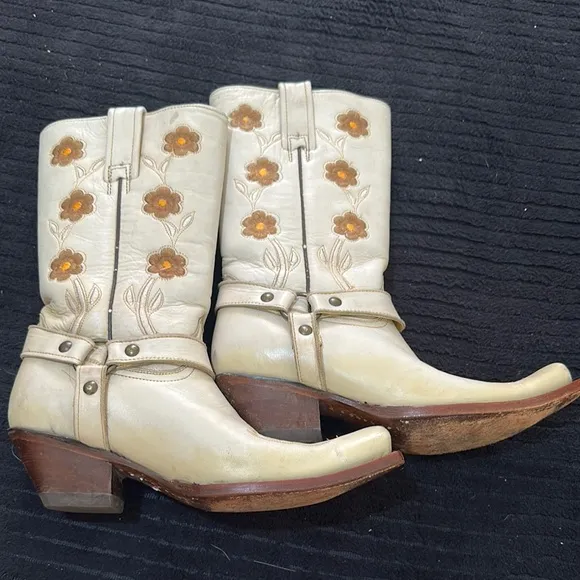Rudel Embroidered Floral Cream Western Boots Size 6B Snip Toe 12” Preowned