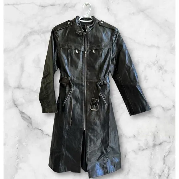 RUDSAK Black Faux Leather Long Jacket Women’s Size XS Sexy Costume Coat