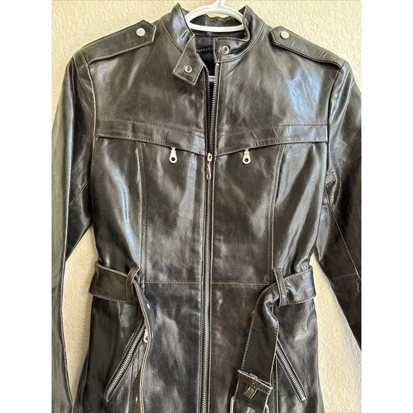 RUDSAK Black Faux Leather Long Jacket Women’s Size XS Sexy Costume Coat