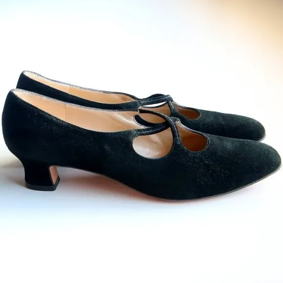 Salvatore Ferragamo Black Suede Leather Kitten Heel Pumps Shoes 8.5 Extra Narrow