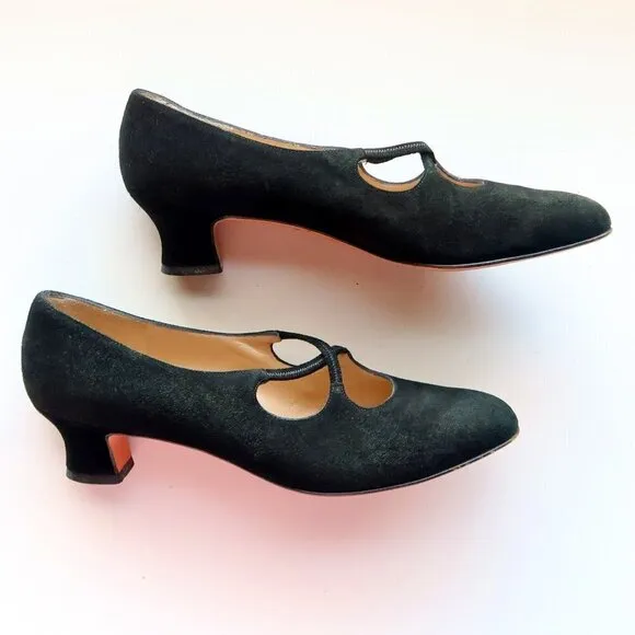 Salvatore Ferragamo Black Suede Leather Kitten Heel Pumps Shoes 8.5 Extra Narrow