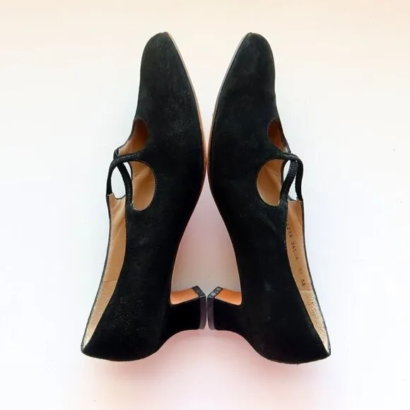 Salvatore Ferragamo Black Suede Leather Kitten Heel Pumps Shoes 8.5 Extra Narrow