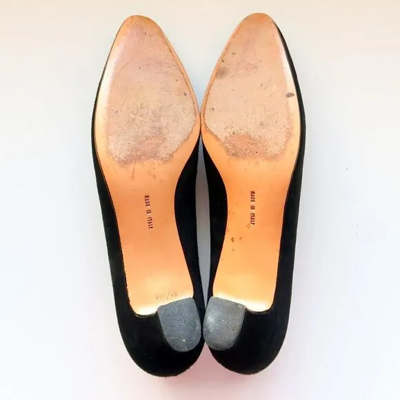 Salvatore Ferragamo Black Suede Leather Kitten Heel Pumps Shoes 8.5 Extra Narrow