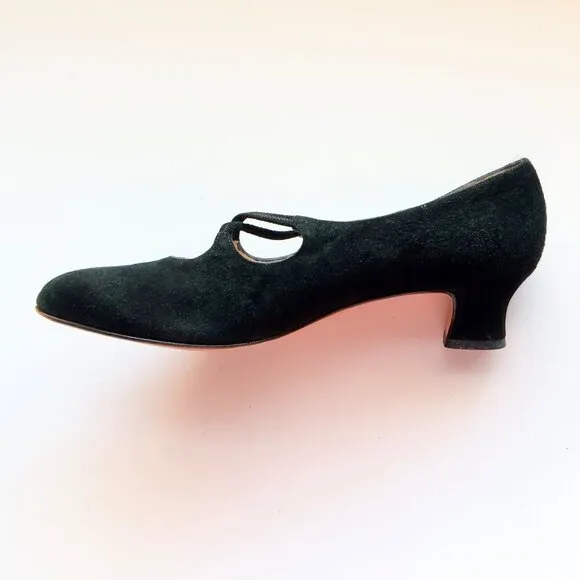 Salvatore Ferragamo Black Suede Leather Kitten Heel Pumps Shoes 8.5 Extra Narrow