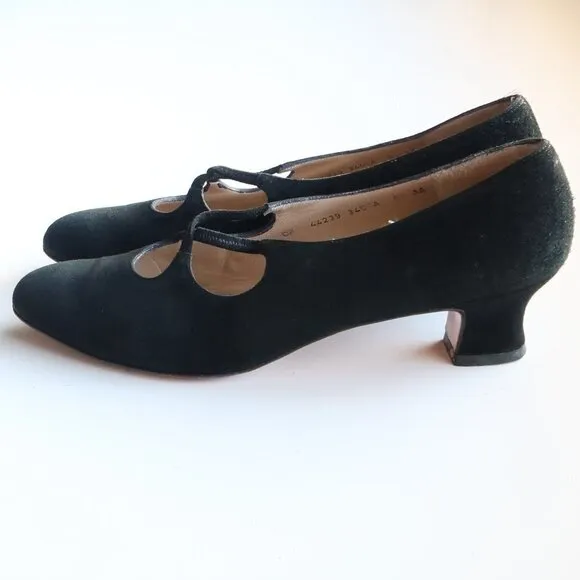Salvatore Ferragamo Black Suede Leather Kitten Heel Pumps Shoes 8.5 Extra Narrow