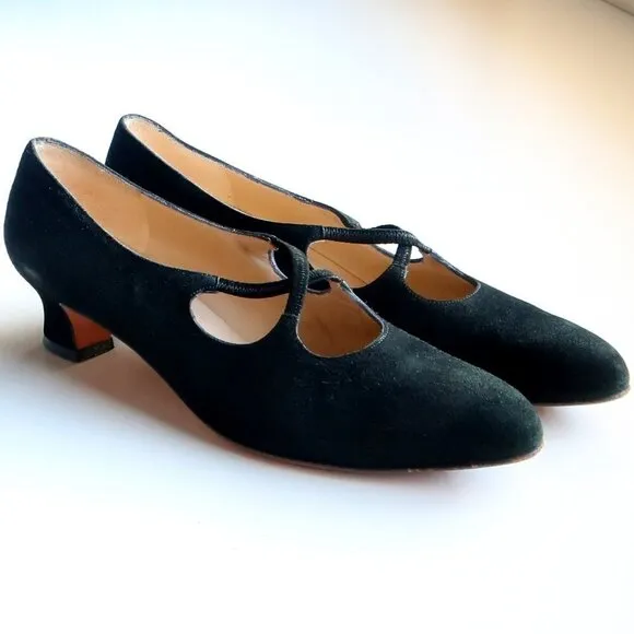 Salvatore Ferragamo Black Suede Leather Kitten Heel Pumps Shoes 8.5 Extra Narrow