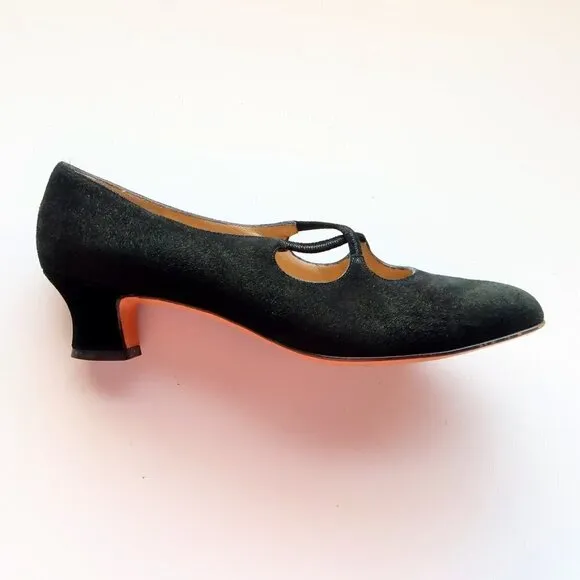 Salvatore Ferragamo Black Suede Leather Kitten Heel Pumps Shoes 8.5 Extra Narrow