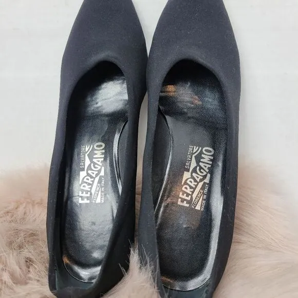 Salvatore Ferragamo Rain Fondente Black Canvas Womens Wedge Shoes Size 8 B