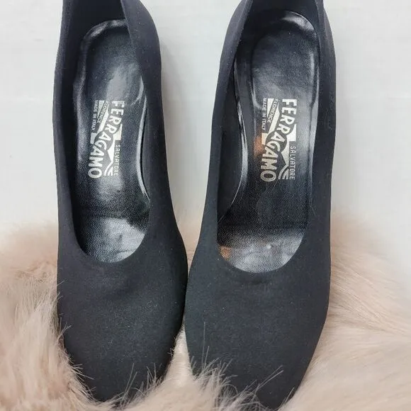 Salvatore Ferragamo Rain Fondente Black Canvas Womens Wedge Shoes Size 8 B