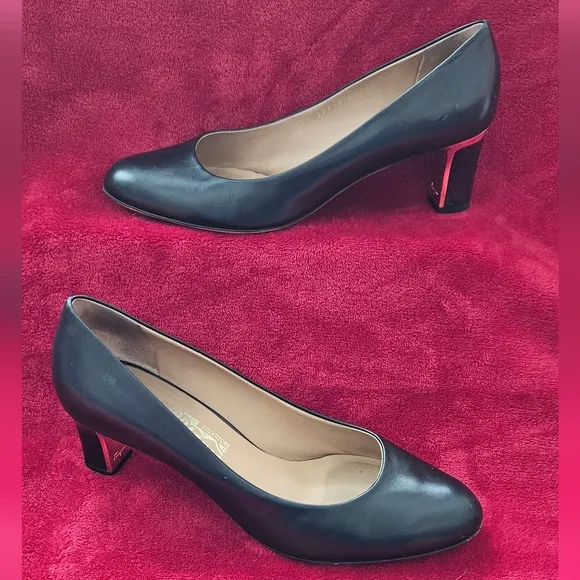 Salvatore Ferragamo Women's Black Leather Round Toe Pumps-Size 10B