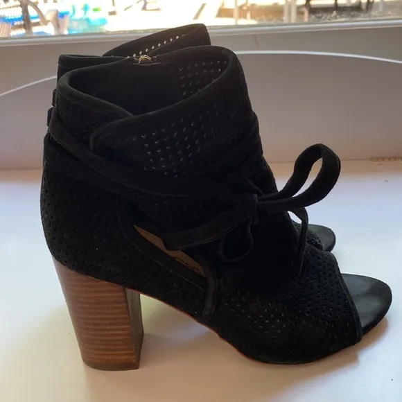Sam Edelman Ellery Block Heel Suede Sandal Heels Shoes Perforated Leather Bootie