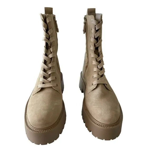 Sam Edelman Evina Beige Suede Leather Knit Lace-Up Calf Combat Boots Sz 8.5