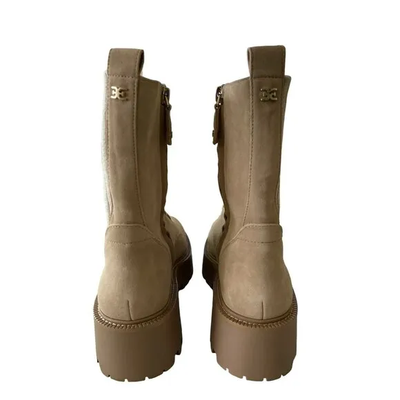 Sam Edelman Evina Beige Suede Leather Knit Lace-Up Calf Combat Boots Sz 8.5