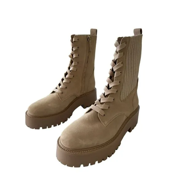 Sam Edelman Evina Beige Suede Leather Knit Lace-Up Calf Combat Boots Sz 8.5