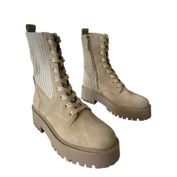 Sam Edelman Evina Beige Suede Leather Knit Lace-Up Calf Combat Boots Sz 8.5