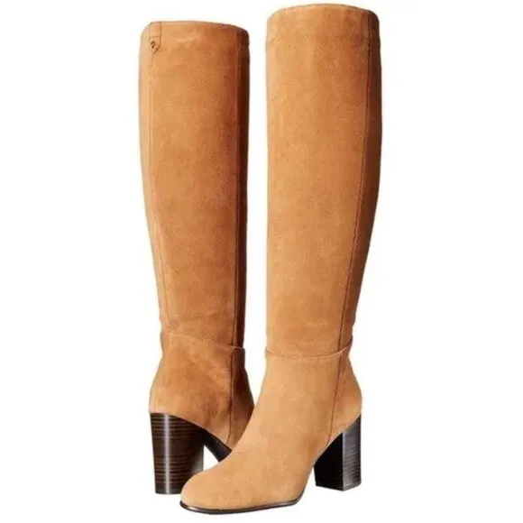 Sam Edelman Tan Suede Tall Pull On Side Zipper Block Heel Boots