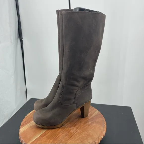 Sanita tall clog heels boots brown leather Sz 41 42 10.5-11.5