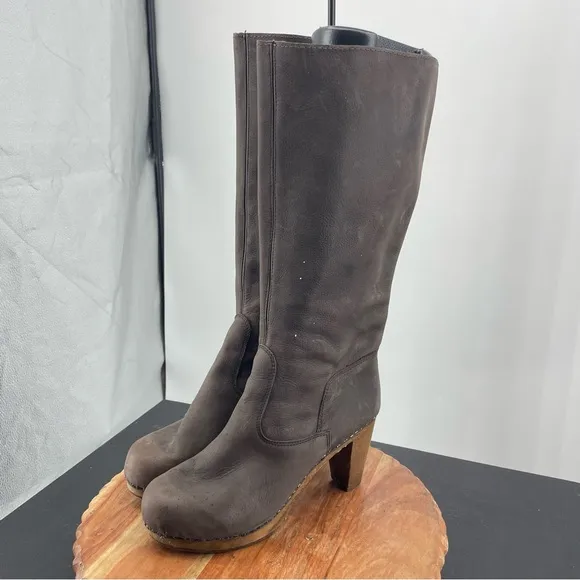 Sanita tall clog heels boots brown leather Sz 41 42 10.5-11.5