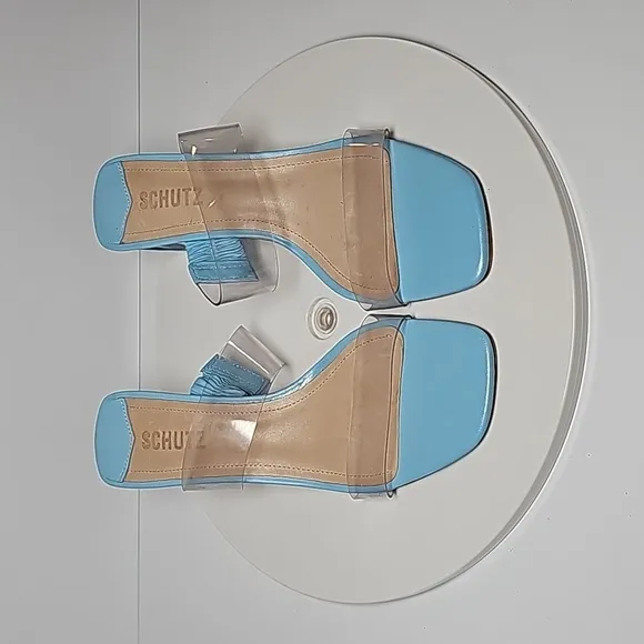 Schutz Ariella Acrylic Mid Sandal Pumps Slip-On Block Heels Leather Vinyl Blue 7