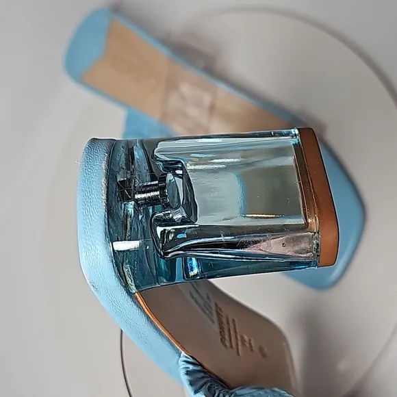 Schutz Ariella Acrylic Mid Sandal Pumps Slip-On Block Heels Leather Vinyl Blue 7