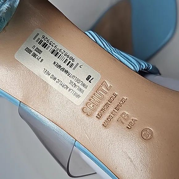 Schutz Ariella Acrylic Mid Sandal Pumps Slip-On Block Heels Leather Vinyl Blue 7