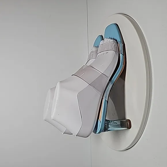 Schutz Ariella Acrylic Mid Sandal Pumps Slip-On Block Heels Leather Vinyl Blue 7