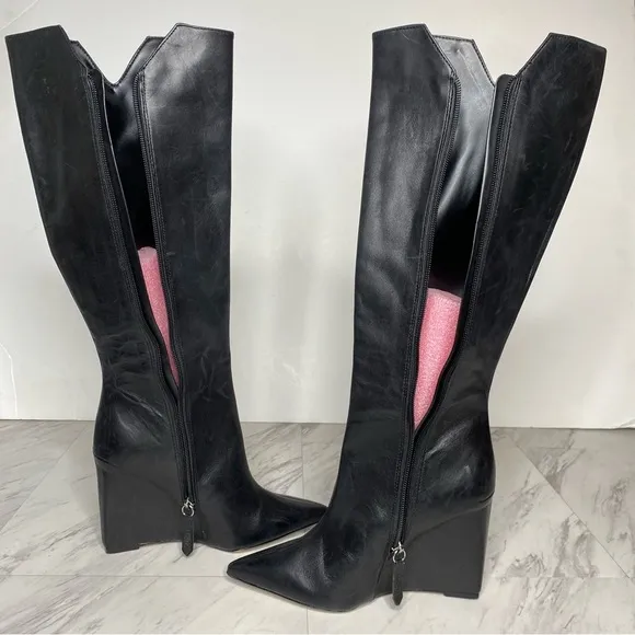 Schutz Asya Up Black Leather Pointy Toe Wedge Tall Boot 6 1/2 B