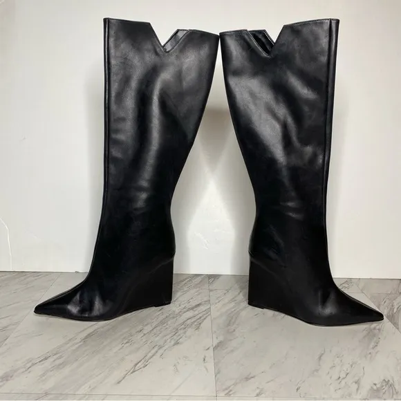 Schutz Asya Up Black Leather Pointy Toe Wedge Tall Boot 6 1/2 B