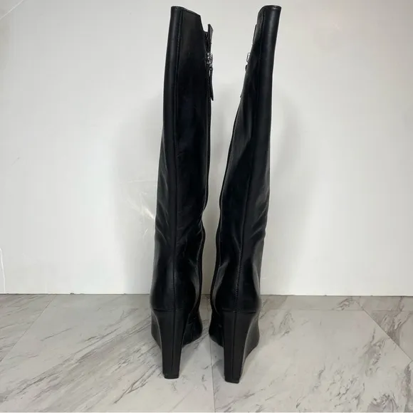 Schutz Asya Up Black Leather Pointy Toe Wedge Tall Boot 6 1/2 B