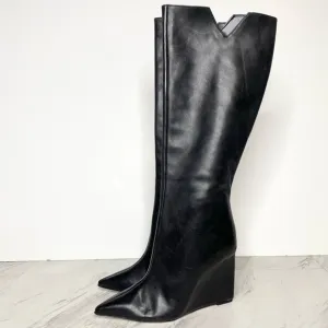 Schutz Asya Up Black Leather Pointy Toe Wedge Tall Boot 6 1/2 B