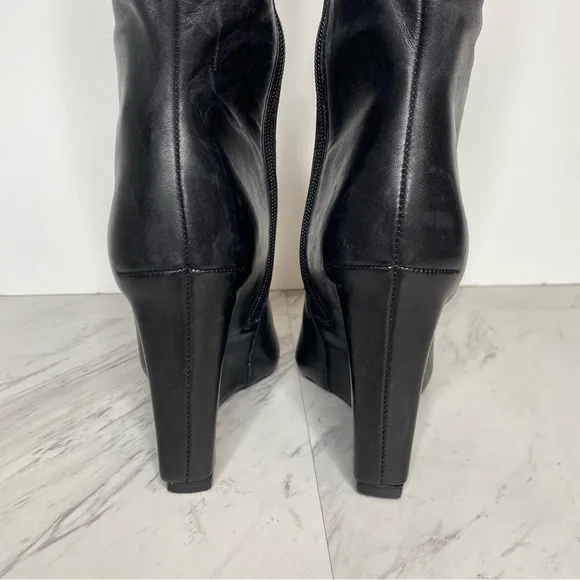 Schutz Asya Up Black Leather Pointy Toe Wedge Tall Boot 6 1/2 B