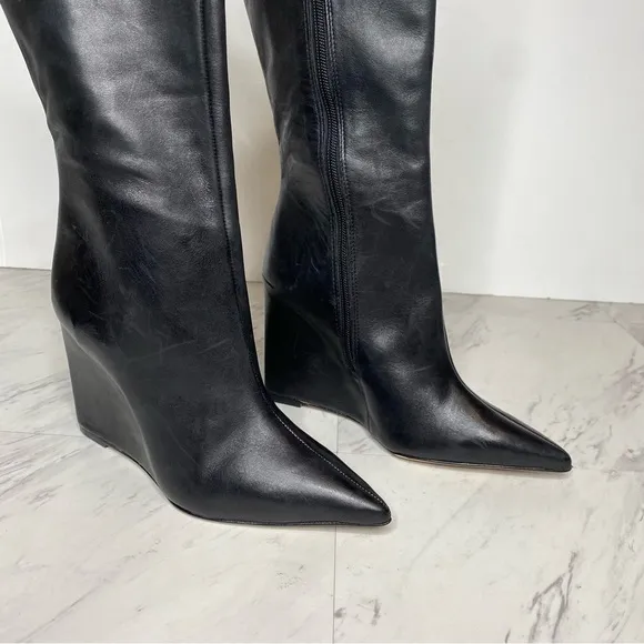 Schutz Asya Up Black Leather Pointy Toe Wedge Tall Boot 6 1/2 B