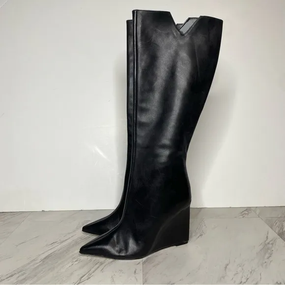 Schutz Asya Up Black Leather Pointy Toe Wedge Tall Boot 6 1/2 B