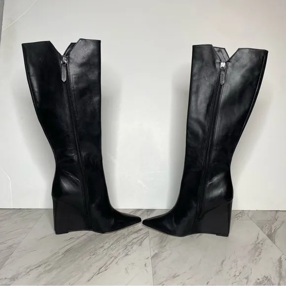 Schutz Asya Up Black Leather Pointy Toe Wedge Tall Boot 6 1/2 B