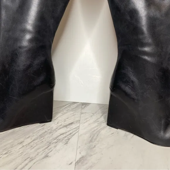 Schutz Asya Up Black Leather Pointy Toe Wedge Tall Boot 6 1/2 B