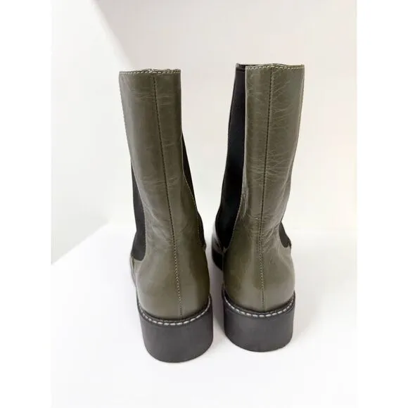 Schutz Kasey Leather Pull On Boots Booties Military Green Black 9