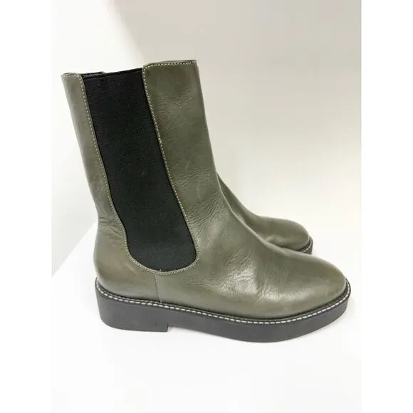Schutz Kasey Leather Pull On Boots Booties Military Green Black 9