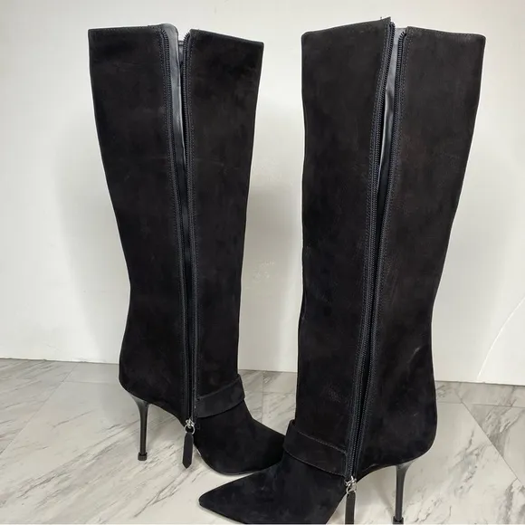 Schutz Mantis Black Nubuck Pointy Toe Heeled Tall Boot 6 1/2 B