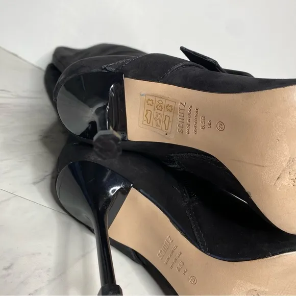 Schutz Mantis Black Nubuck Pointy Toe Heeled Tall Boot 6 1/2 B
