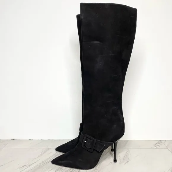 Schutz Mantis Black Nubuck Pointy Toe Heeled Tall Boot 6 1/2 B