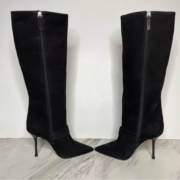 Schutz Mantis Black Nubuck Pointy Toe Heeled Tall Boot 6 1/2 B