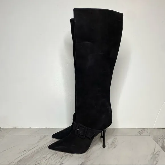 Schutz Mantis Black Nubuck Pointy Toe Heeled Tall Boot 6 1/2 B