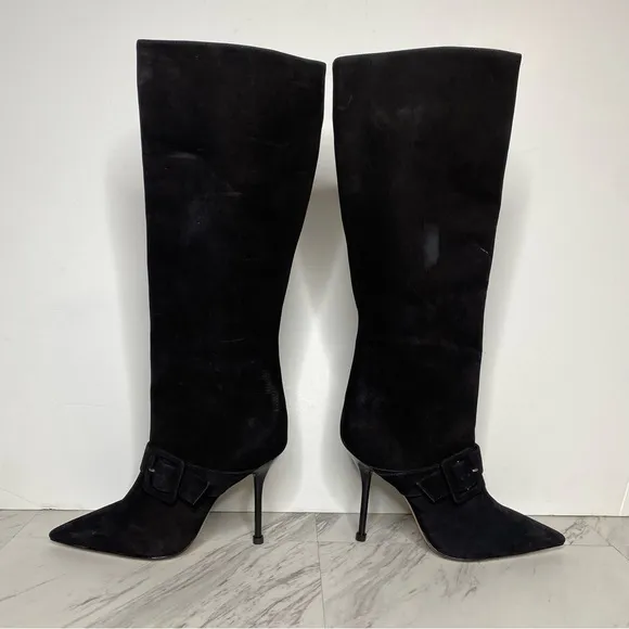 Schutz Mantis Black Nubuck Pointy Toe Heeled Tall Boot 6 1/2 B