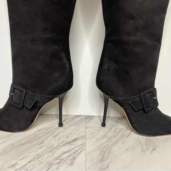Schutz Mantis Black Nubuck Pointy Toe Heeled Tall Boot 6 1/2 B