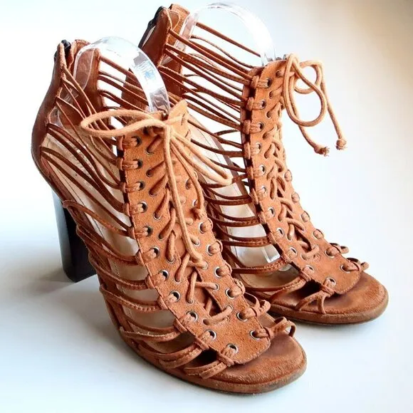 SCHUTZ Tan Suede Leather Strappy Caged Lace-up Sandals Heels Summer Shoes 10
